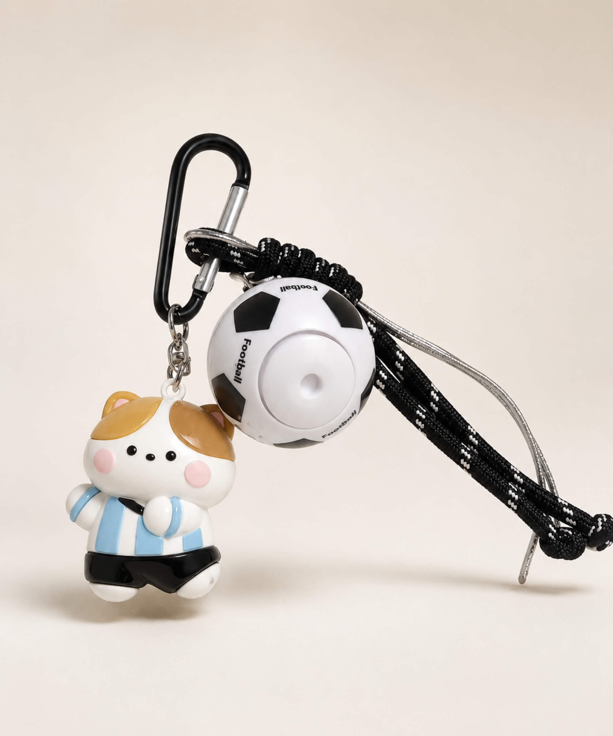 Blue team cat soccer ball spinner keychain with rotating football charm and black rope-style strap